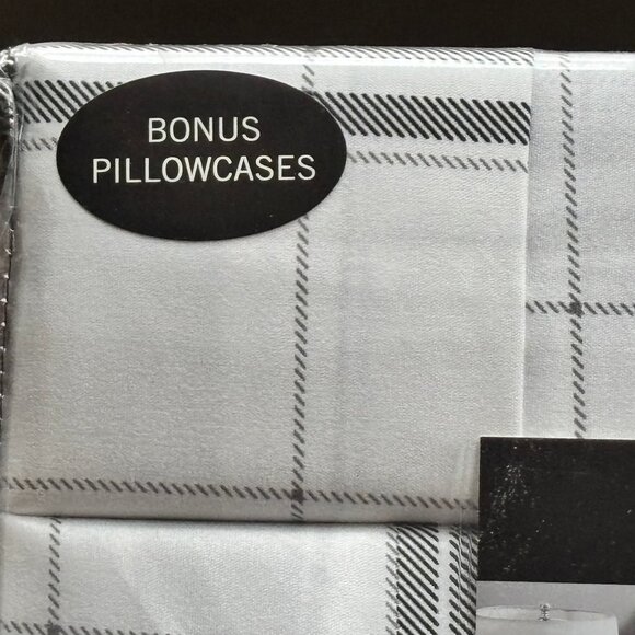 6-pc London Fog KING SIZE Plaid Sheet Set BLACK/GREY (2 extra pillowcases) - Picture 4 of 4